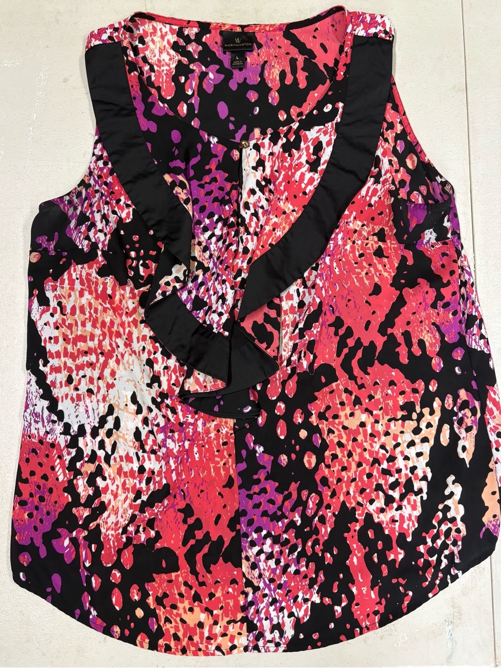 Worthington Pink, Black & Purple Ruffle V-Neck Camisole